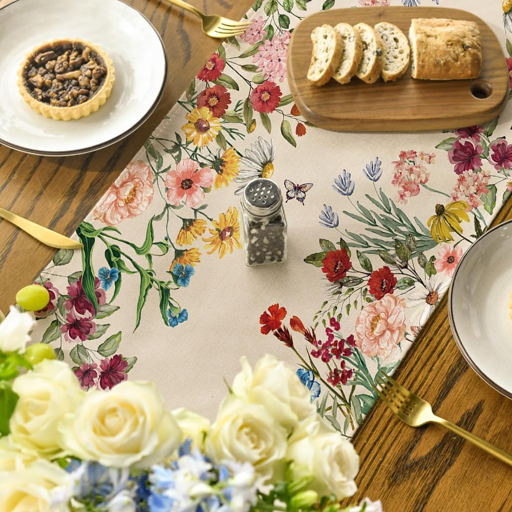 Plants Floral Butterfly Valentine's Day Table Runner, Anniversary Wedding Kitchen Dining Table Decoration for Home Party Decor 13x72 Inch - Image 4
