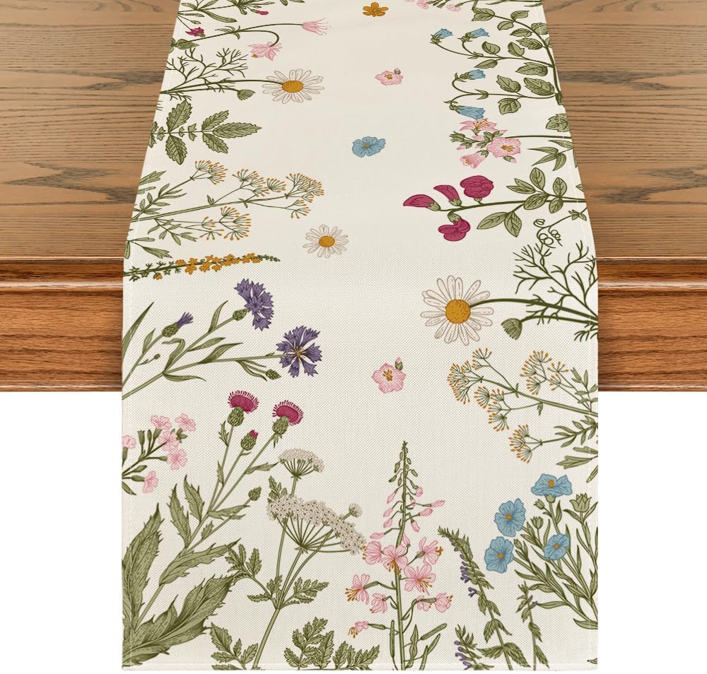 Flowers Spring Table Runner, Seasonal Kitchen Dining Table Decoration for Home Party Decor 13x72 Inch - Image 1