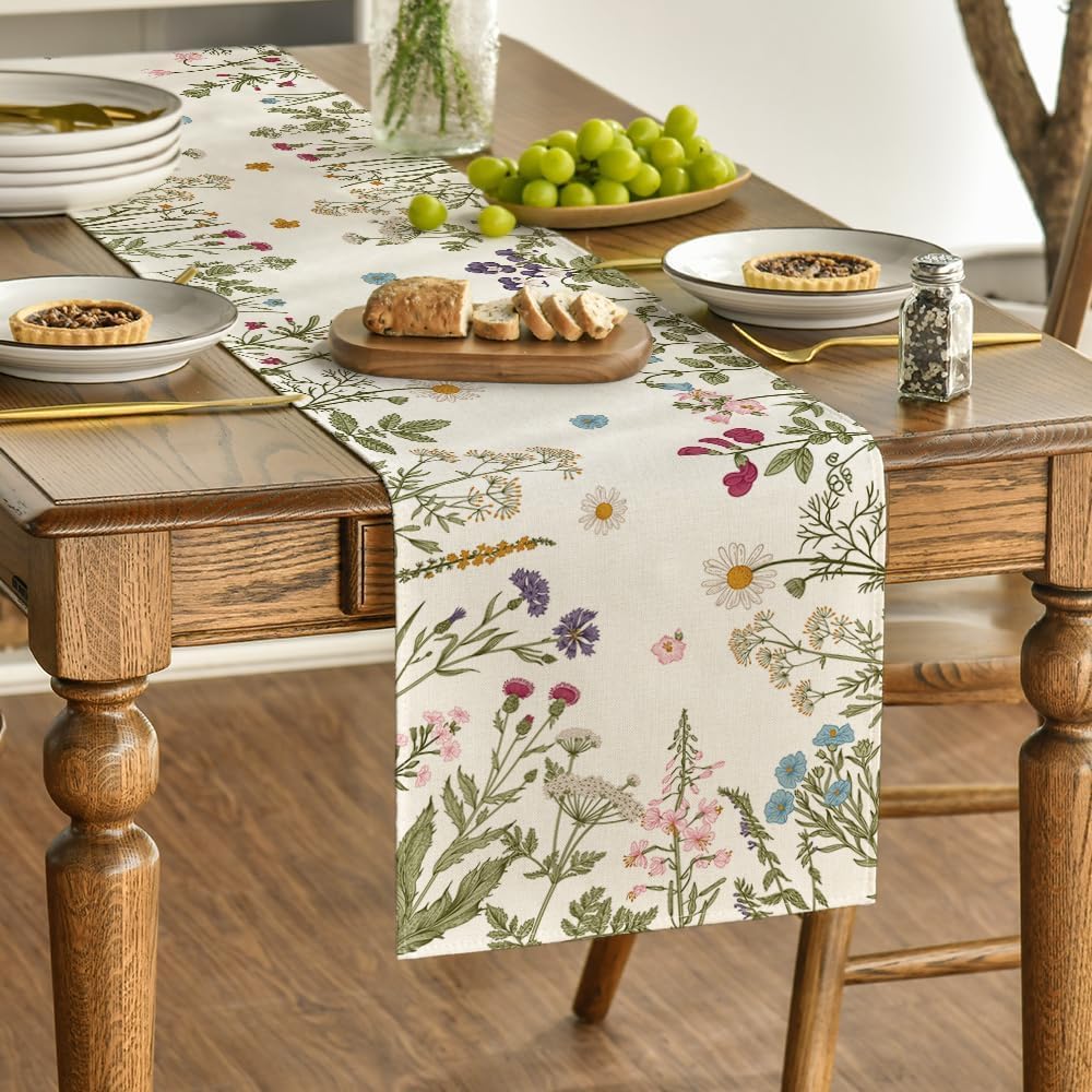 Flowers Spring Table Runner, Seasonal Kitchen Dining Table Decoration for Home Party Decor 13x72 Inch - Image 3