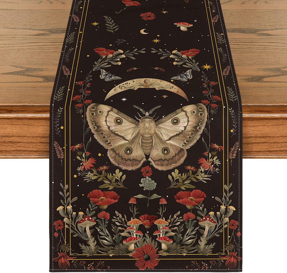 Poppy Moth Mushroom Moon Fall Table Runner, Seasonal Autumn Kitchen Dining Table Decoration for Home Party Decor 13x72 Inch - Image 1
