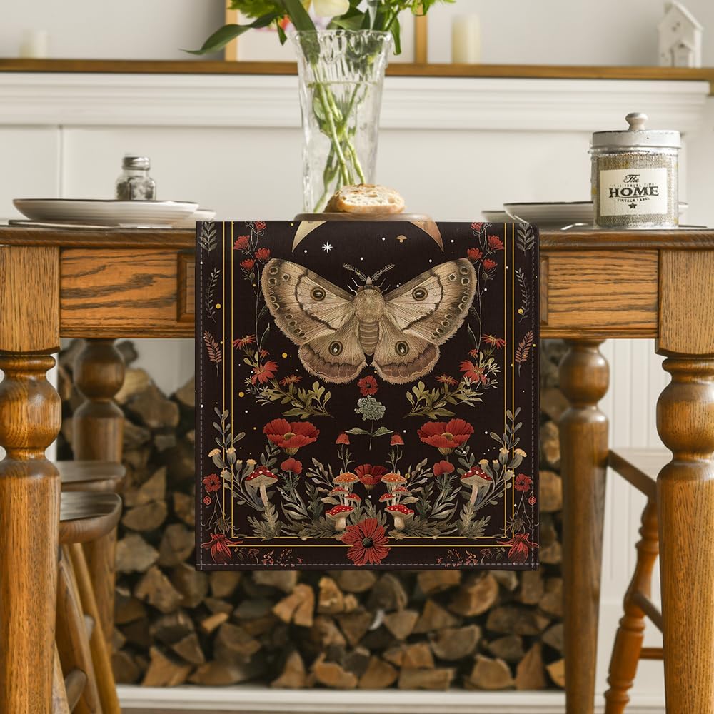 Poppy Moth Mushroom Moon Fall Table Runner, Seasonal Autumn Kitchen Dining Table Decoration for Home Party Decor 13x72 Inch - Image 2