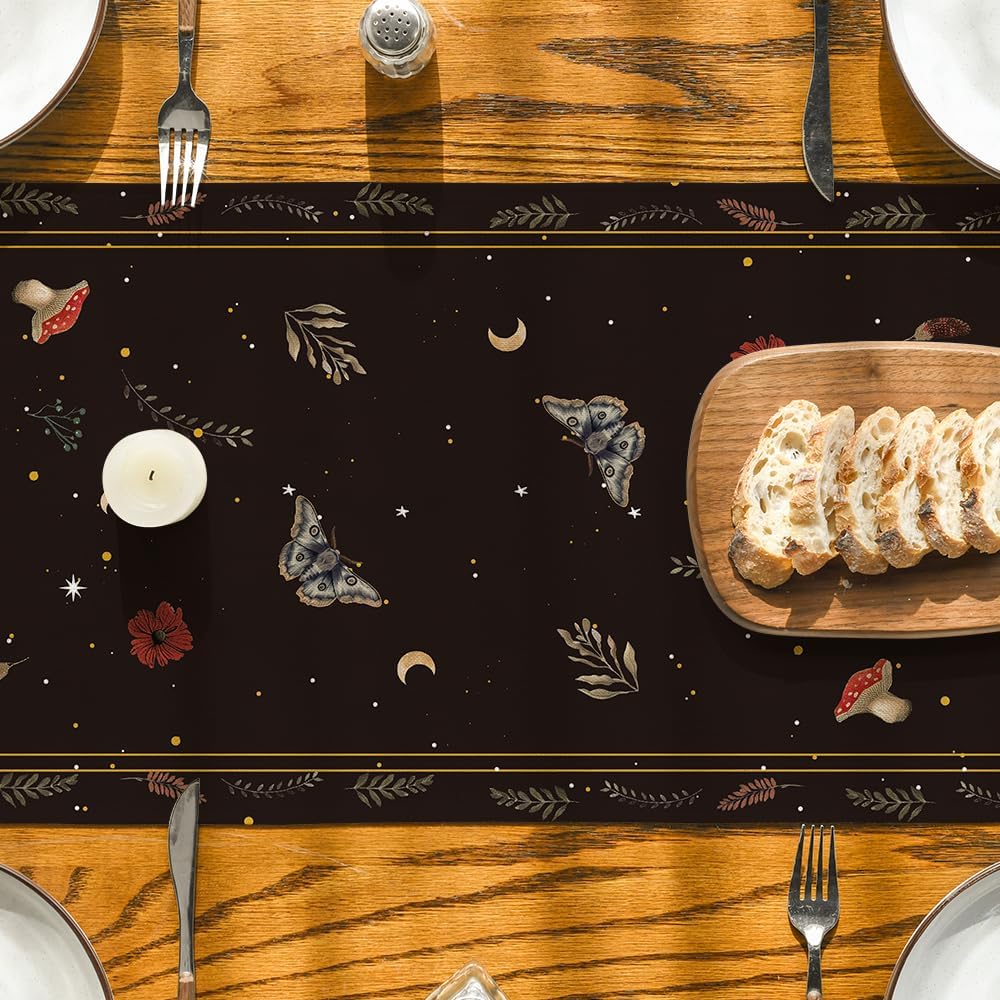 Poppy Moth Mushroom Moon Fall Table Runner, Seasonal Autumn Kitchen Dining Table Decoration for Home Party Decor 13x72 Inch - Image 3