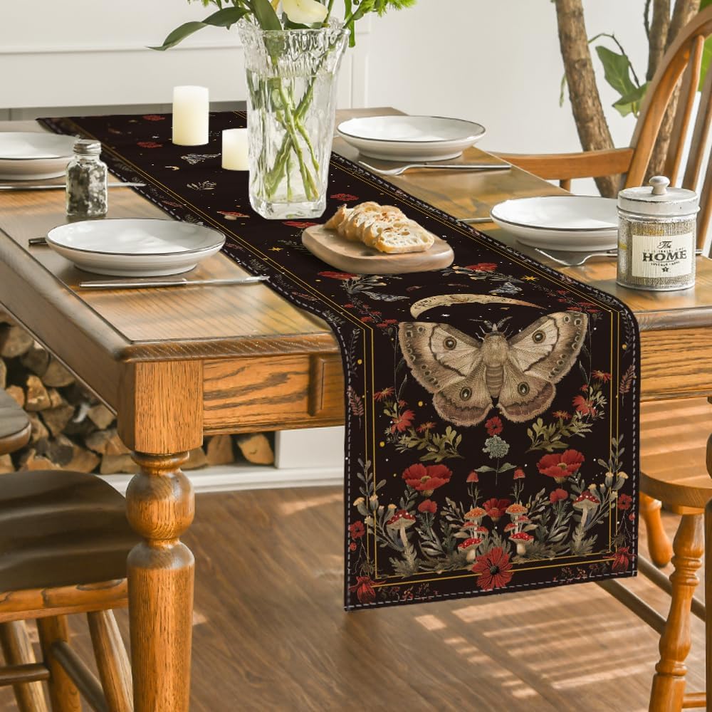 Poppy Moth Mushroom Moon Fall Table Runner, Seasonal Autumn Kitchen Dining Table Decoration for Home Party Decor 13x72 Inch - Image 4