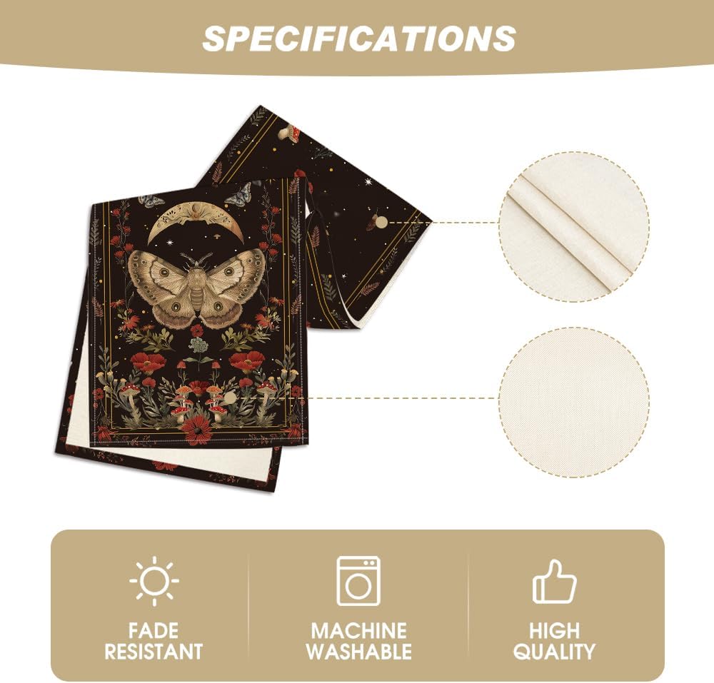 Poppy Moth Mushroom Moon Fall Table Runner, Seasonal Autumn Kitchen Dining Table Decoration for Home Party Decor 13x72 Inch - Image 5