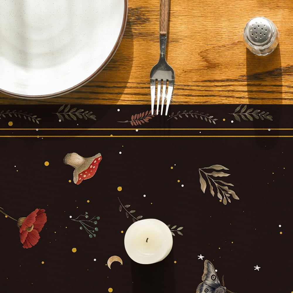 Poppy Moth Mushroom Moon Fall Table Runner, Seasonal Autumn Kitchen Dining Table Decoration for Home Party Decor 13x72 Inch - Image 7