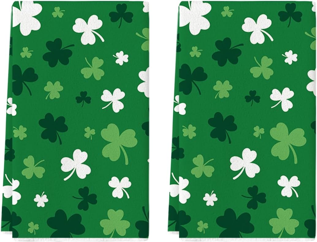 Green Clover Shamrock St. Patrick's Day Kitchen Towels Dish Towels, 18x26 Inch Farmhouse Holiday Spring Decoration Hand Towels Set of 2 - Image 1