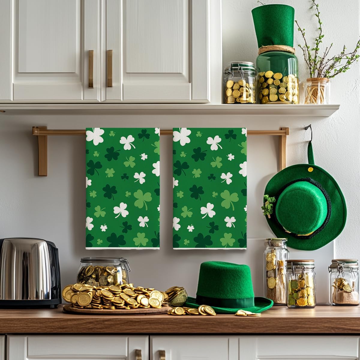 Green Clover Shamrock St. Patrick's Day Kitchen Towels Dish Towels, 18x26 Inch Farmhouse Holiday Spring Decoration Hand Towels Set of 2 - Image 2