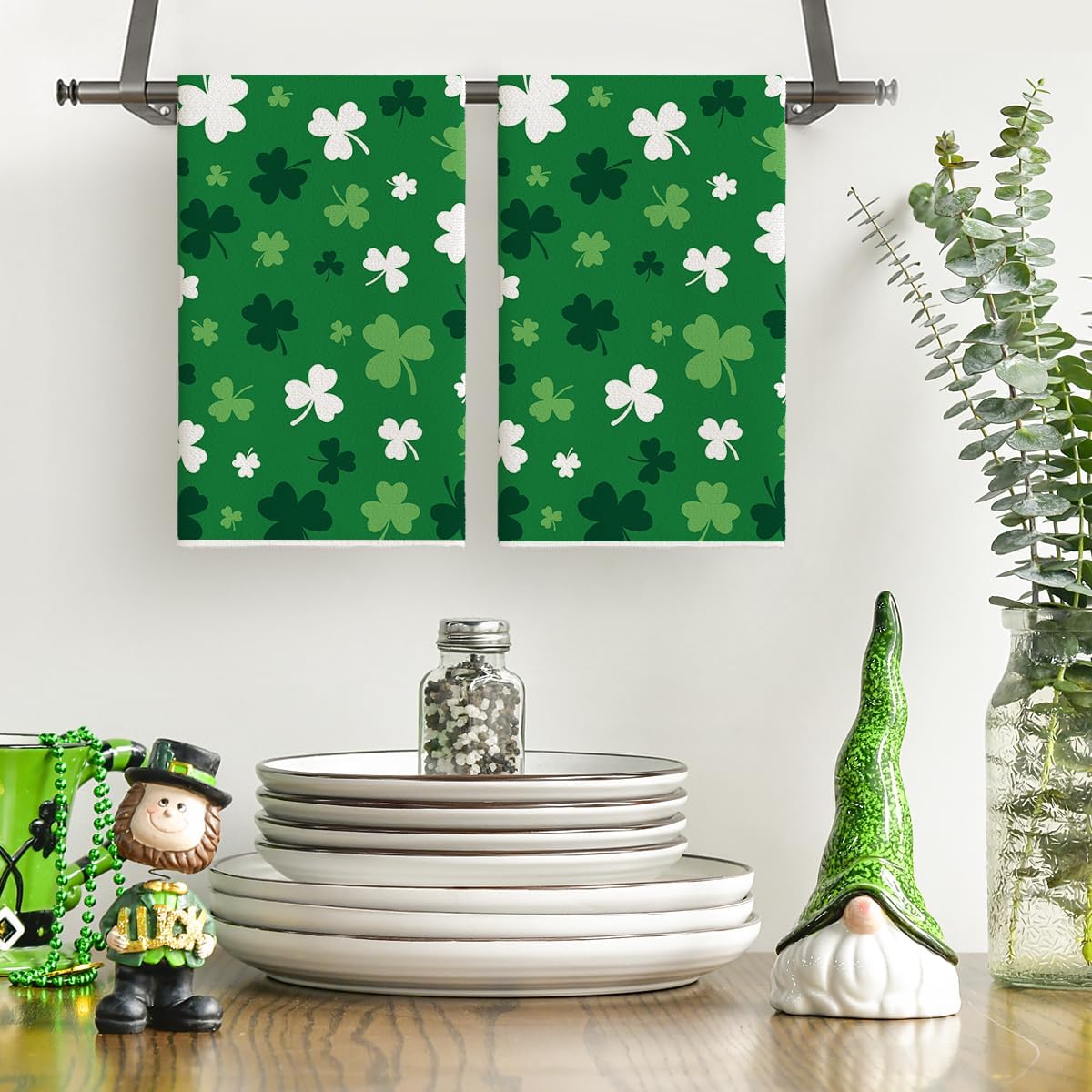 Green Clover Shamrock St. Patrick's Day Kitchen Towels Dish Towels, 18x26 Inch Farmhouse Holiday Spring Decoration Hand Towels Set of 2 - Image 3