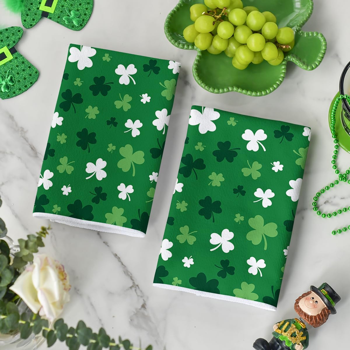 Green Clover Shamrock St. Patrick's Day Kitchen Towels Dish Towels, 18x26 Inch Farmhouse Holiday Spring Decoration Hand Towels Set of 2 - Image 4