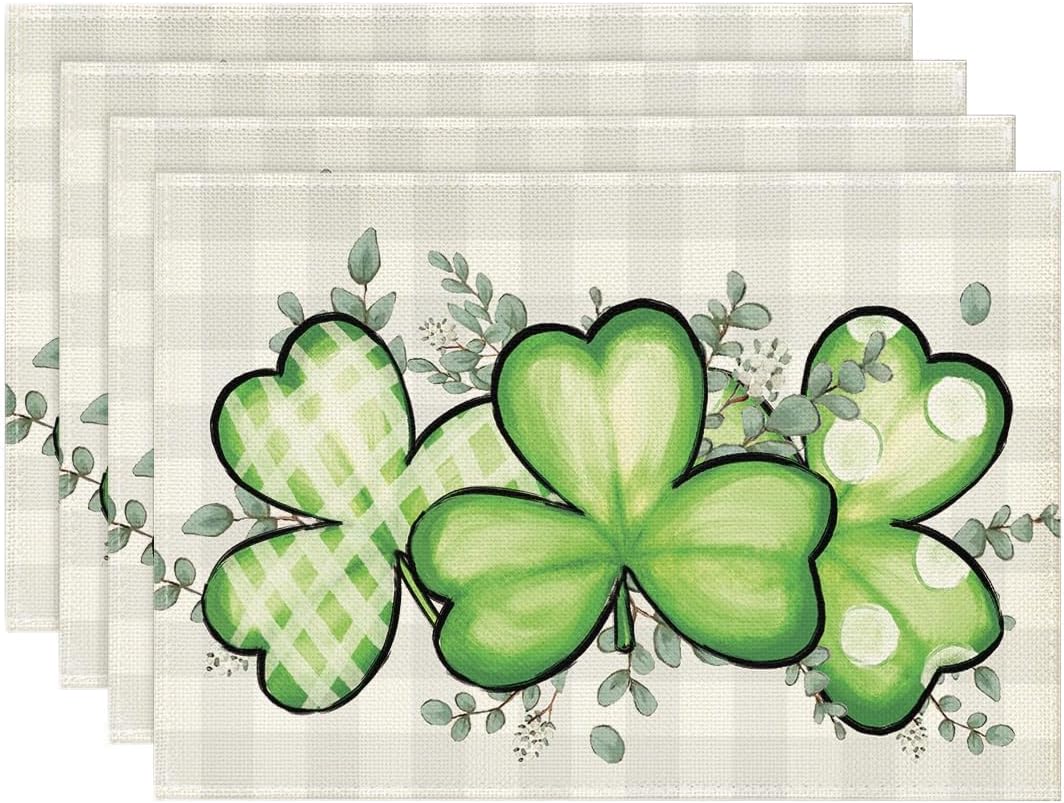 Bufflao Plaid Shamrock St. Patrick's Day Placemats Set of 4, 12x18 Inch Seasonal Spring Table Mats for Party Kitchen Dining Decoration - Image 1