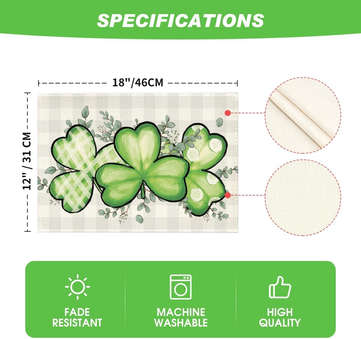 Bufflao Plaid Shamrock St. Patrick's Day Placemats Set of 4, 12x18 Inch Seasonal Spring Table Mats for Party Kitchen Dining Decoration - Image 6