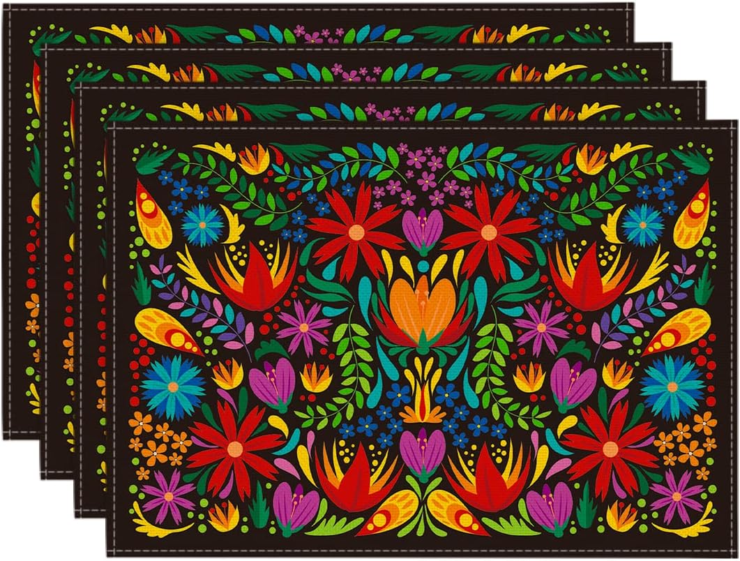 Mexican Cinco De Mayo Placemats for Dining Table, 12 x 18 Inch Floral Fiesta Dia De Los Muertos Decoration Washable Table Mats Set of 4 - Image 1