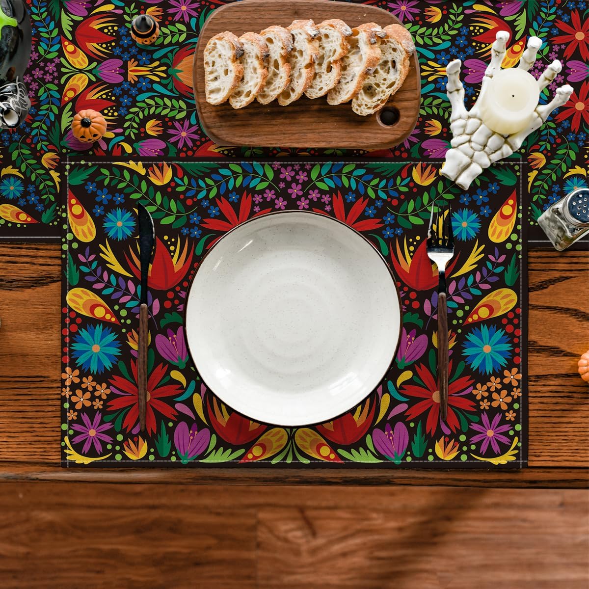 Mexican Cinco De Mayo Placemats for Dining Table, 12 x 18 Inch Floral Fiesta Dia De Los Muertos Decoration Washable Table Mats Set of 4 - Image 2