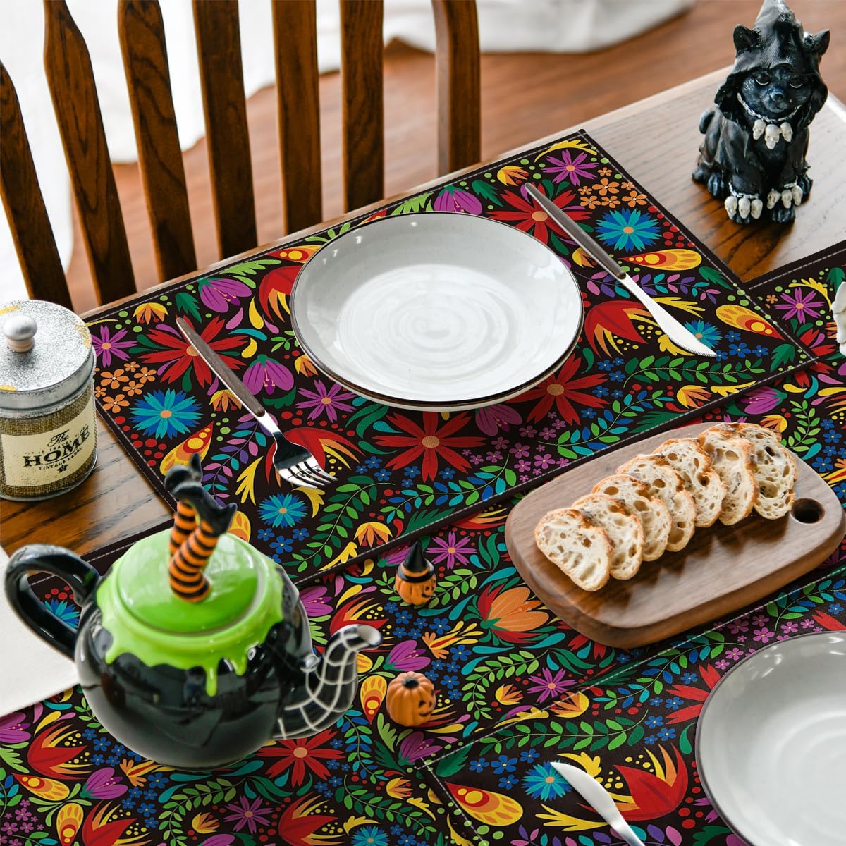 Mexican Cinco De Mayo Placemats for Dining Table, 12 x 18 Inch Floral Fiesta Dia De Los Muertos Decoration Washable Table Mats Set of 4 - Image 3