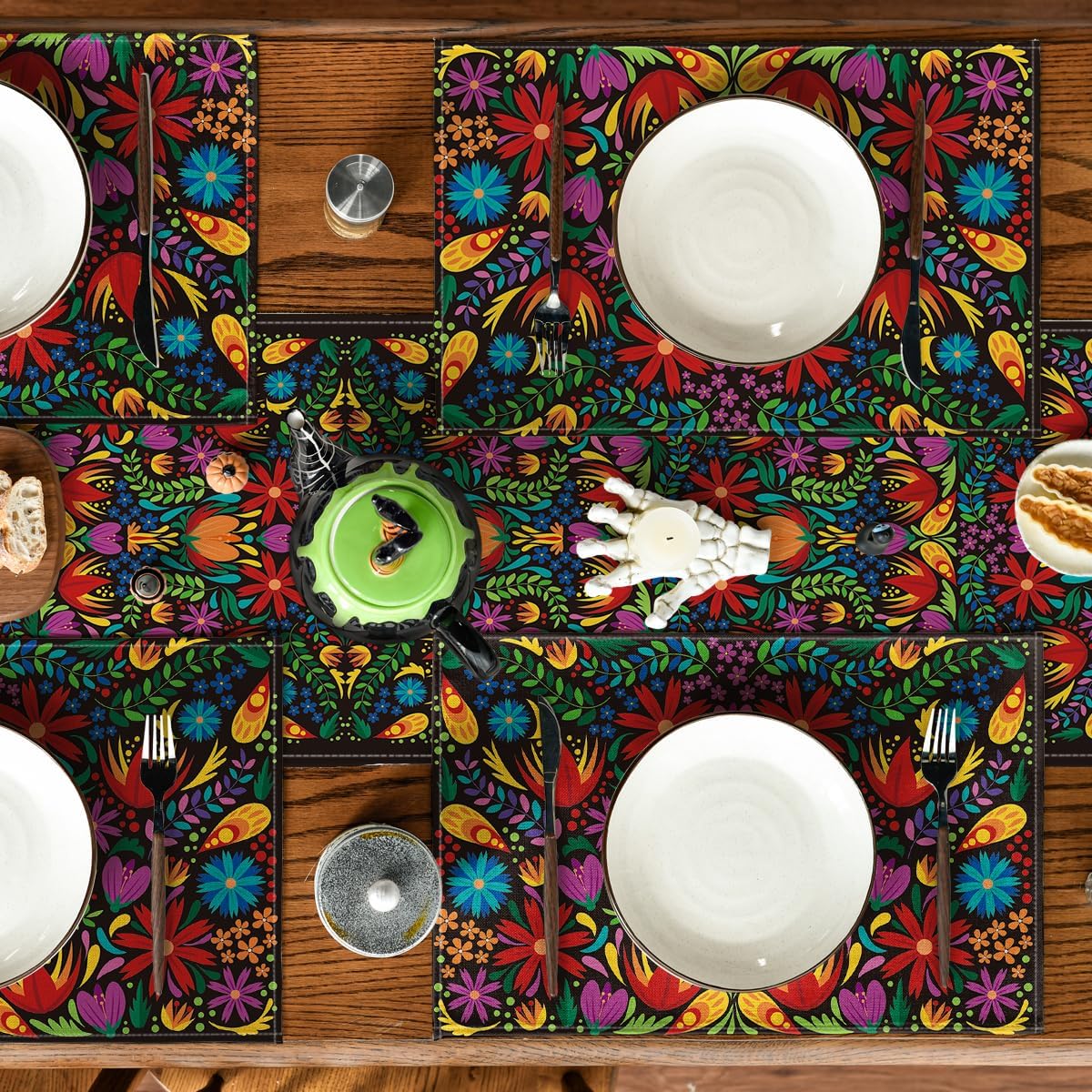 Mexican Cinco De Mayo Placemats for Dining Table, 12 x 18 Inch Floral Fiesta Dia De Los Muertos Decoration Washable Table Mats Set of 4 - Image 4