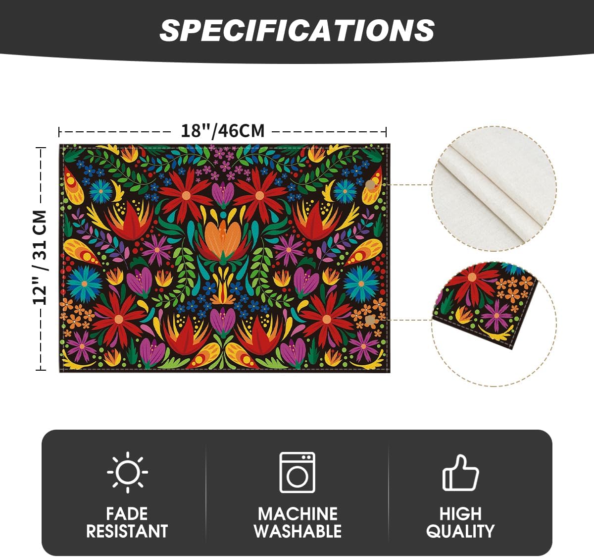 Mexican Cinco De Mayo Placemats for Dining Table, 12 x 18 Inch Floral Fiesta Dia De Los Muertos Decoration Washable Table Mats Set of 4 - Image 6