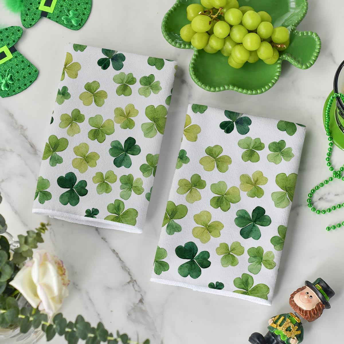 Beige Shamrocks St. Patrick's Day Kitchen Towels Dish Towels, 18x26 Inch Seasonal Spring Decoration Hand Towels Set of 2 - Image 3