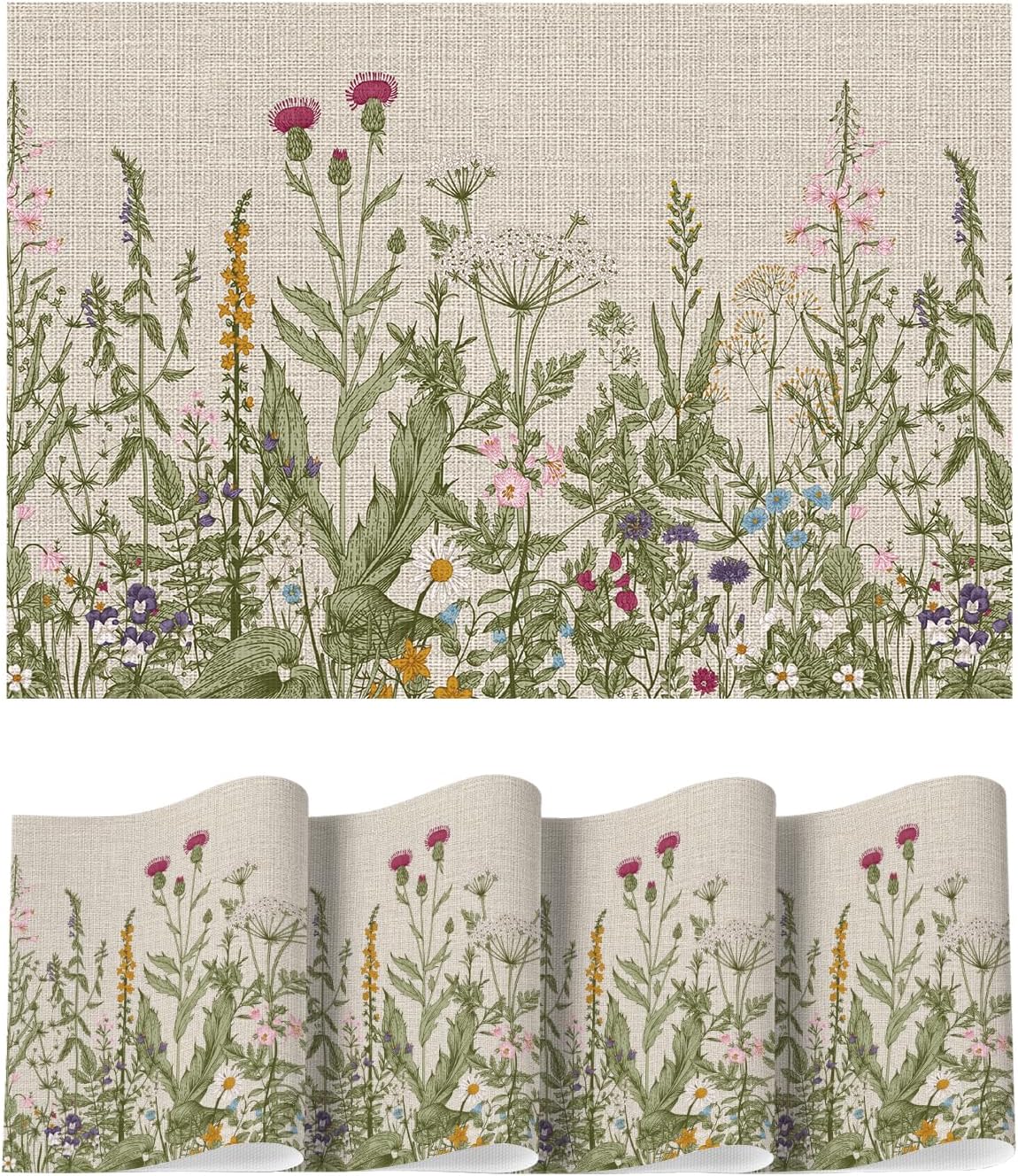 Wildflower Vinyl Placemats Set of 4, Washable Non-Slip Plastic PVC Table Mats for Spring Party Kitchen Dining Decor, 12x18 Inch - Image 1