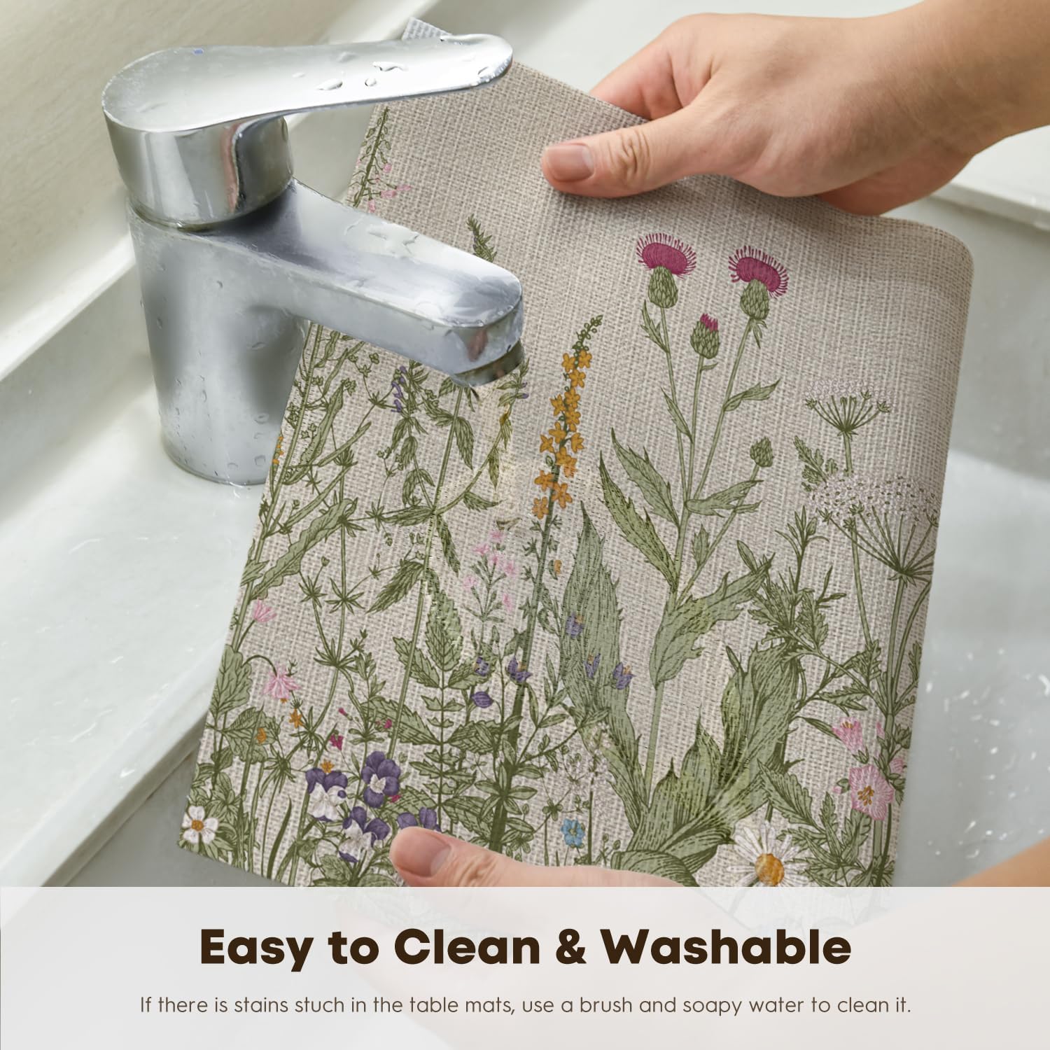 Wildflower Vinyl Placemats Set of 4, Washable Non-Slip Plastic PVC Table Mats for Spring Party Kitchen Dining Decor, 12x18 Inch - Image 3
