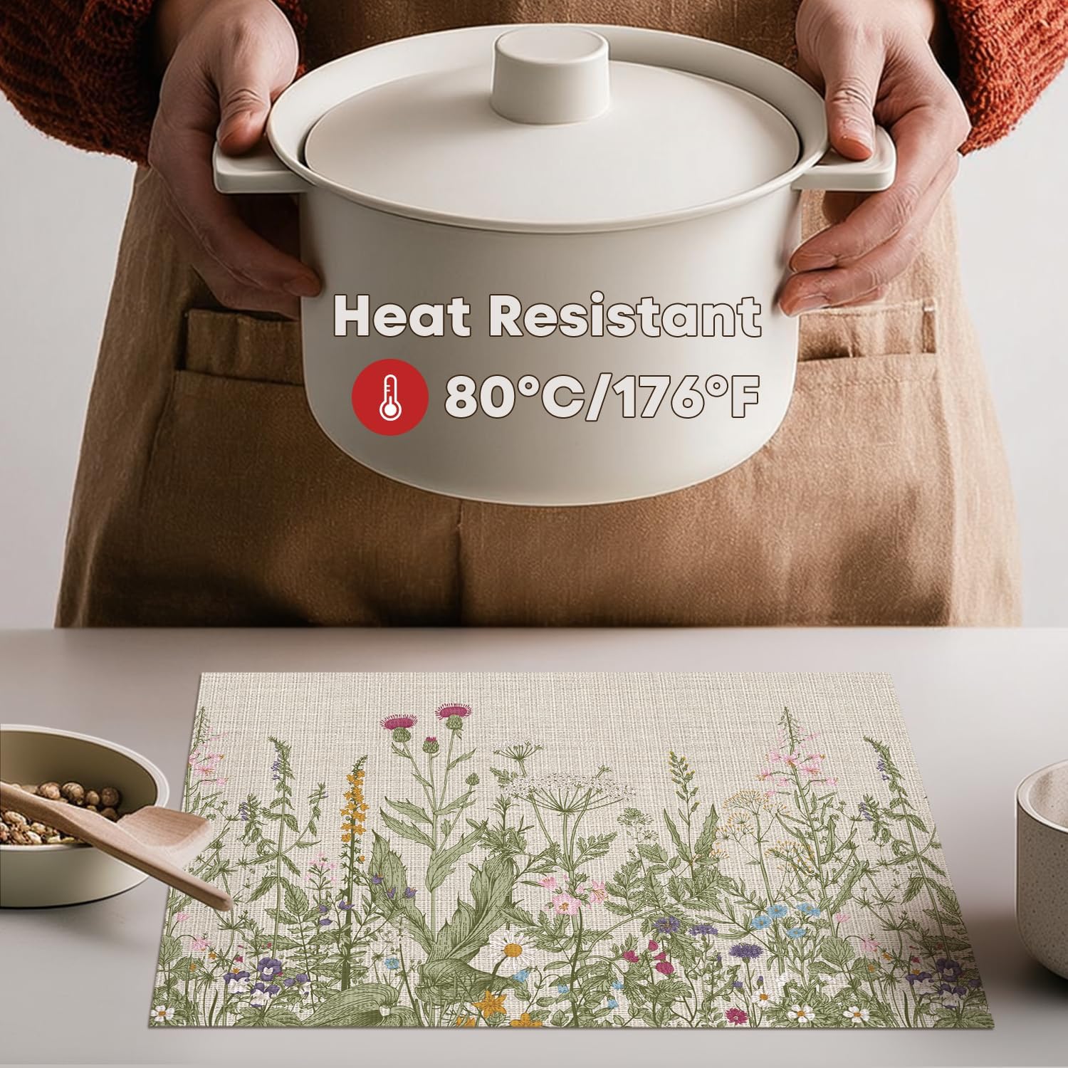 Wildflower Vinyl Placemats Set of 4, Washable Non-Slip Plastic PVC Table Mats for Spring Party Kitchen Dining Decor, 12x18 Inch - Image 4