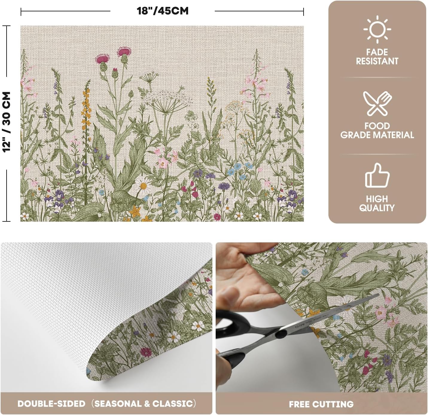 Wildflower Vinyl Placemats Set of 4, Washable Non-Slip Plastic PVC Table Mats for Spring Party Kitchen Dining Decor, 12x18 Inch - Image 5