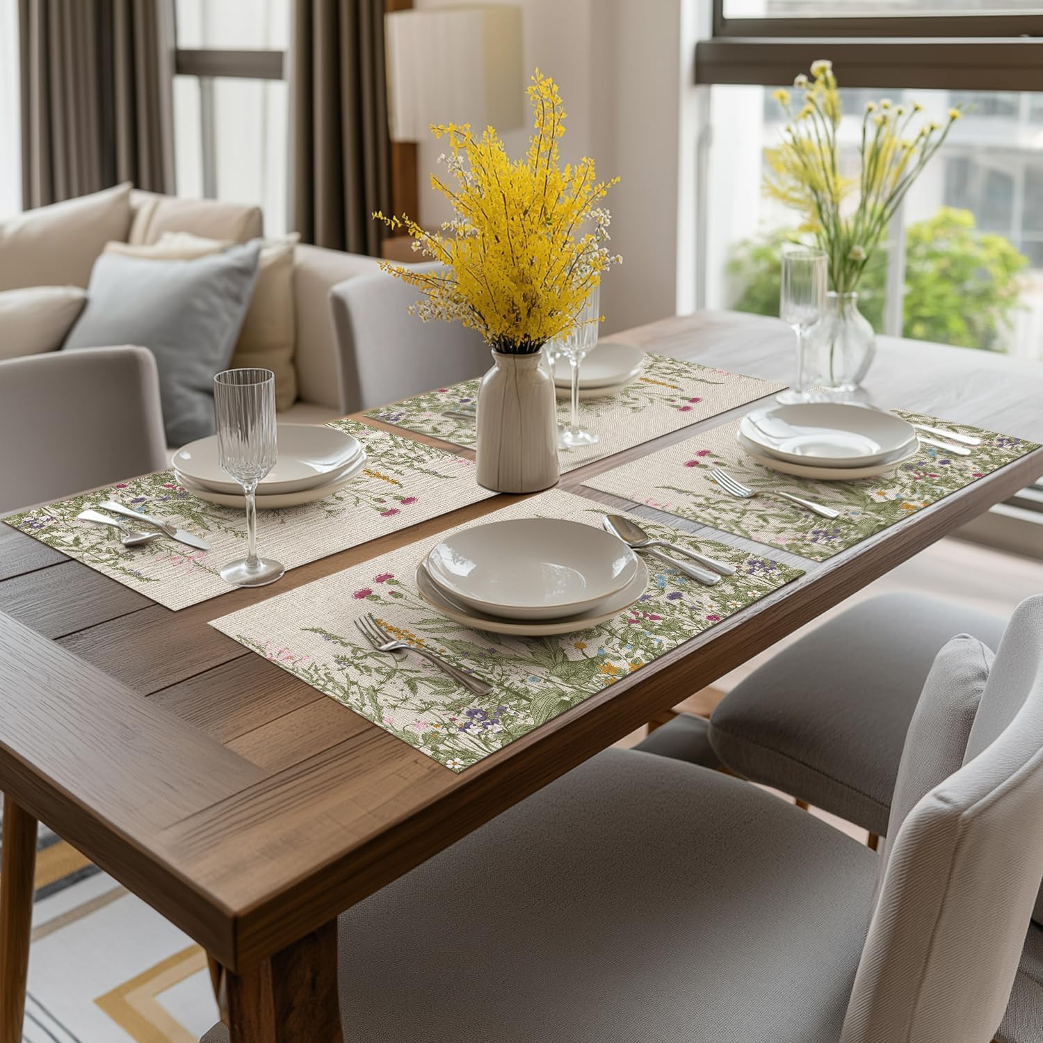 Wildflower Vinyl Placemats Set of 4, Washable Non-Slip Plastic PVC Table Mats for Spring Party Kitchen Dining Decor, 12x18 Inch - Image 6