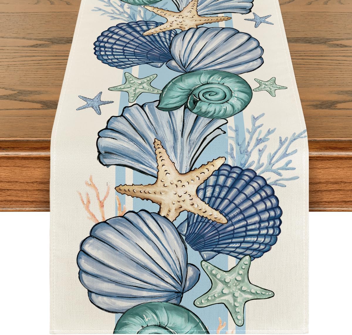 Sea Shell Starfish Summer Table Runner,Spring Ocean Kitchen Dining Table Decoration for Home Party Decor 13x72 Inch - Image 1