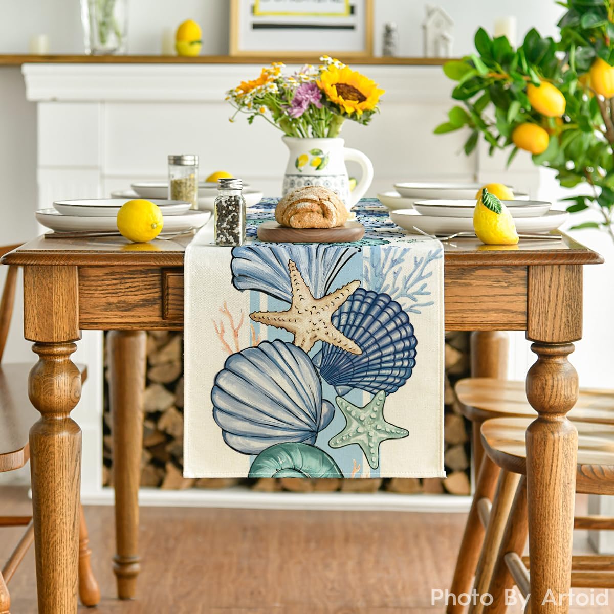 Sea Shell Starfish Summer Table Runner,Spring Ocean Kitchen Dining Table Decoration for Home Party Decor 13x72 Inch - Image 2