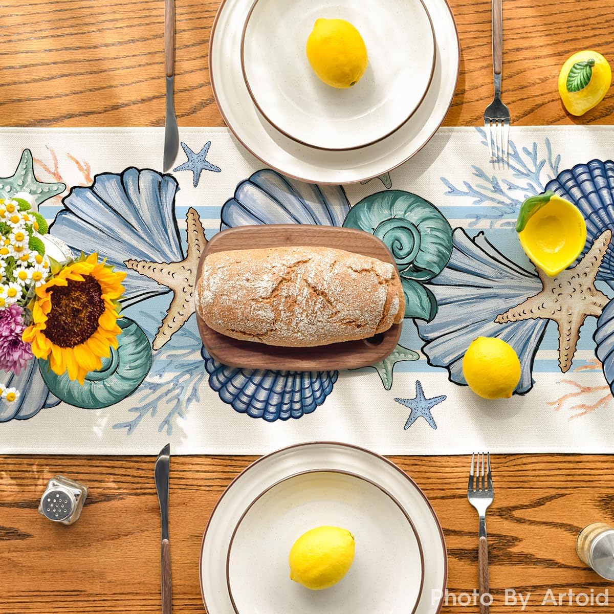 Sea Shell Starfish Summer Table Runner,Spring Ocean Kitchen Dining Table Decoration for Home Party Decor 13x72 Inch - Image 3