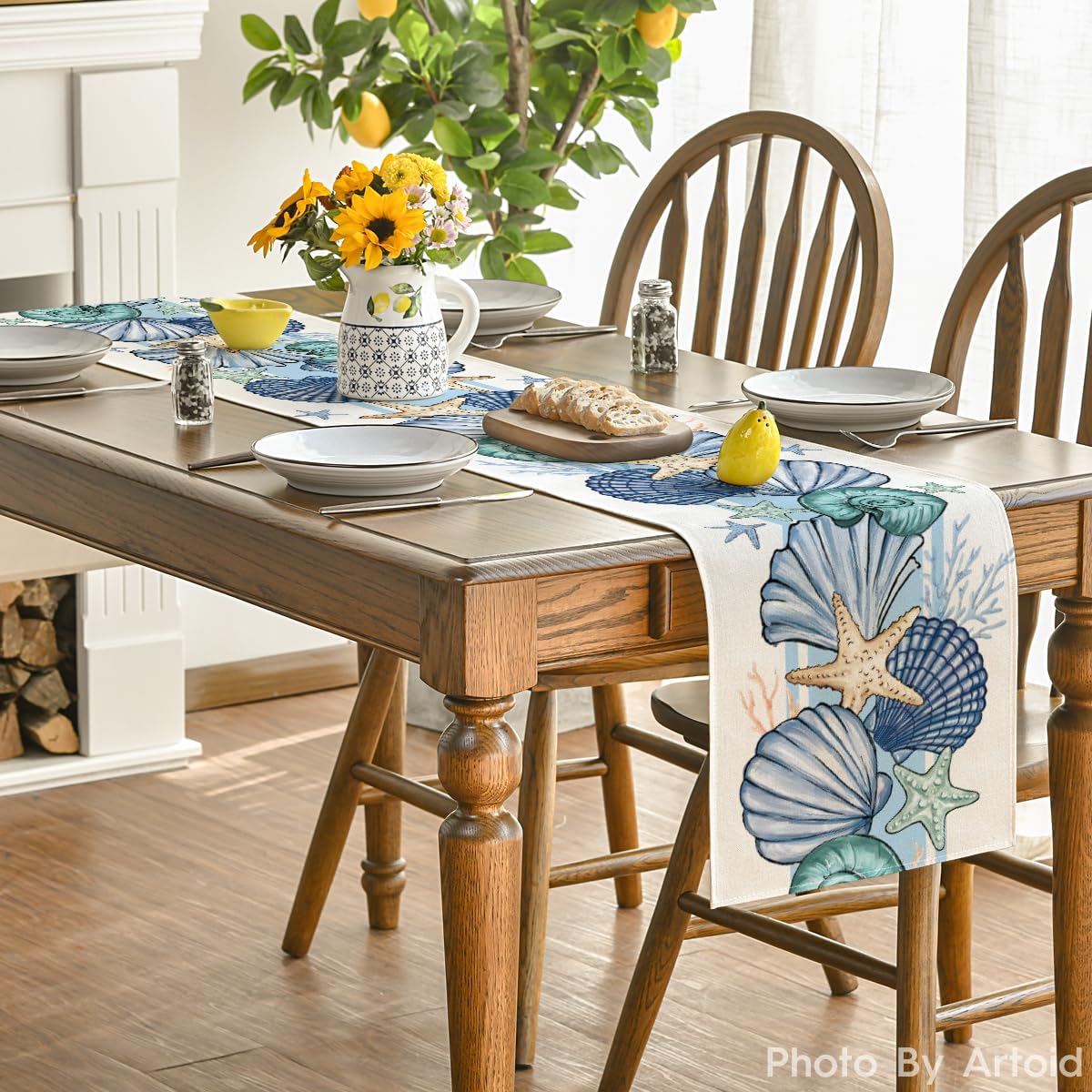 Sea Shell Starfish Summer Table Runner,Spring Ocean Kitchen Dining Table Decoration for Home Party Decor 13x72 Inch - Image 4