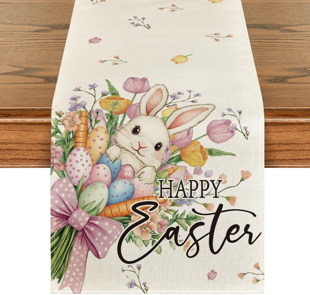 Bow Bunny Eggs Happy Easter Table Runner,Seasonal Spring Flowers Carrots Kitchen Dining Table Decoration for Home Party Decor 13x72 Inch - Image 1