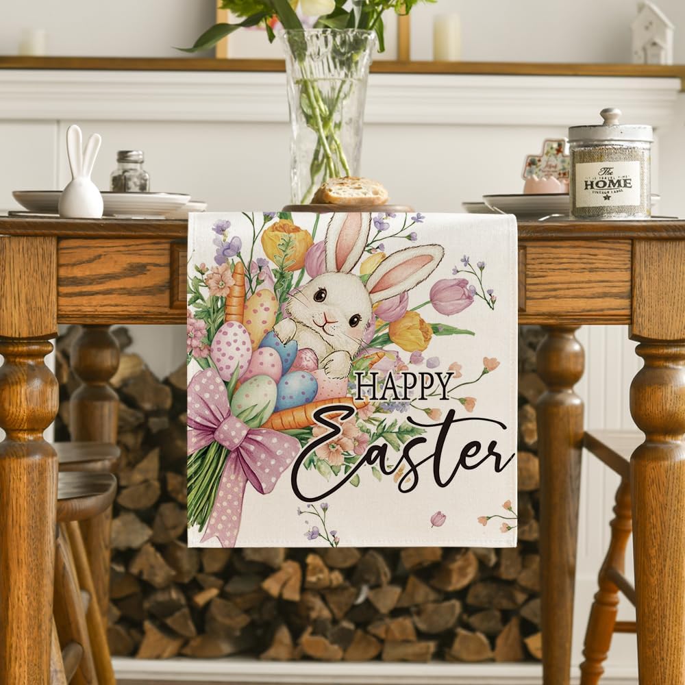 Bow Bunny Eggs Happy Easter Table Runner,Seasonal Spring Flowers Carrots Kitchen Dining Table Decoration for Home Party Decor 13x72 Inch - Image 2