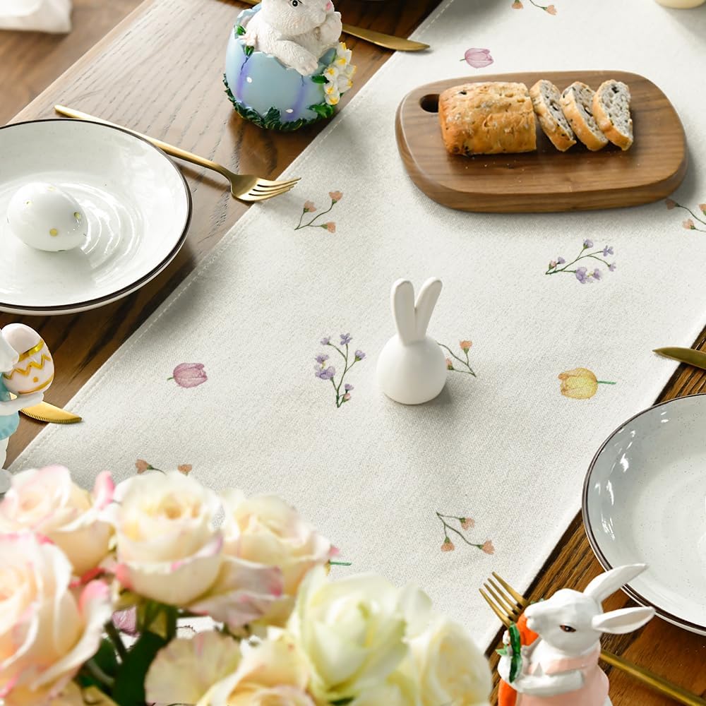 Bow Bunny Eggs Happy Easter Table Runner,Seasonal Spring Flowers Carrots Kitchen Dining Table Decoration for Home Party Decor 13x72 Inch - Image 4