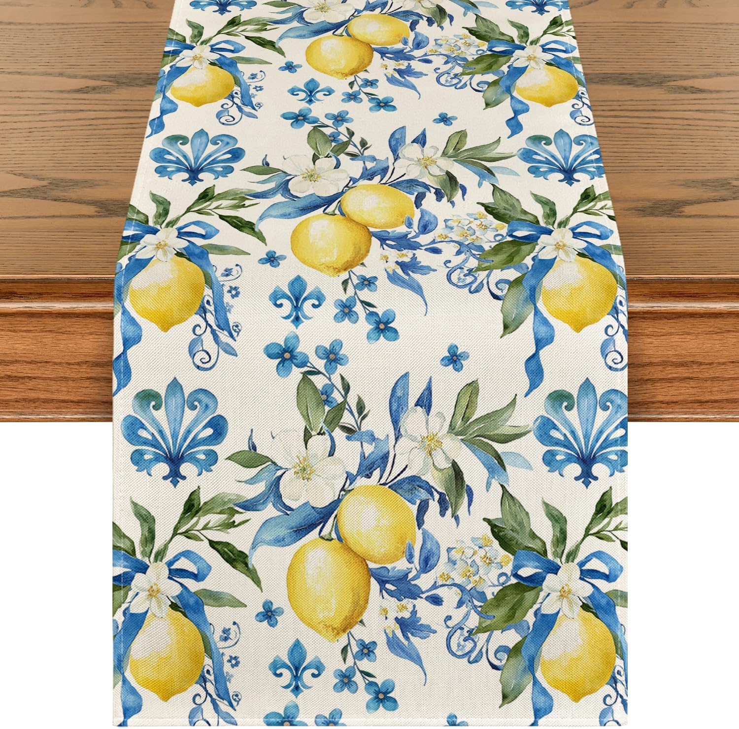 Blue Lemon Iris Summer Table Runner, Seasonal Spring Kitchen Dining Table Decor for Home Party Decor 13x72 Inch - Image 1
