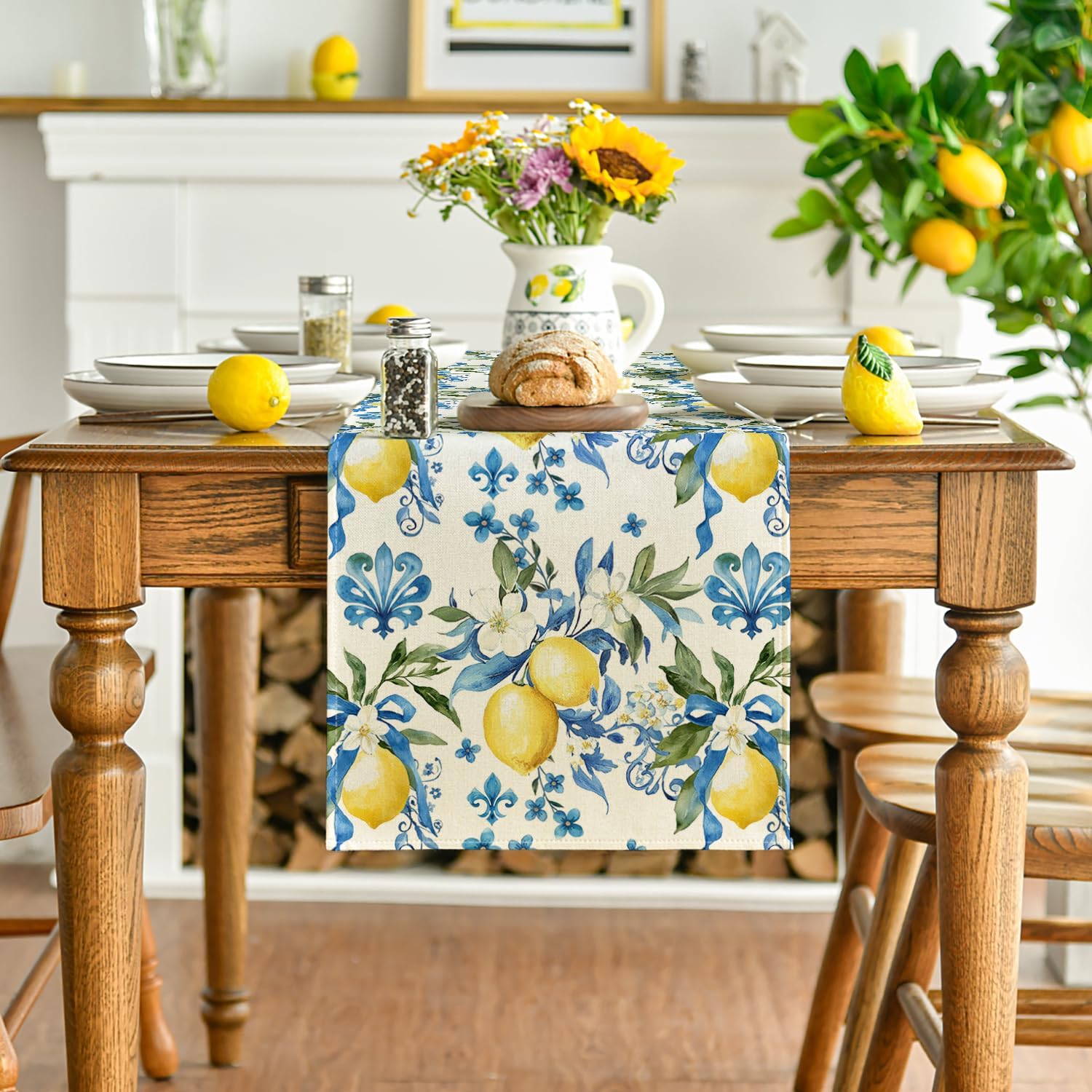 Blue Lemon Iris Summer Table Runner, Seasonal Spring Kitchen Dining Table Decor for Home Party Decor 13x72 Inch - Image 2