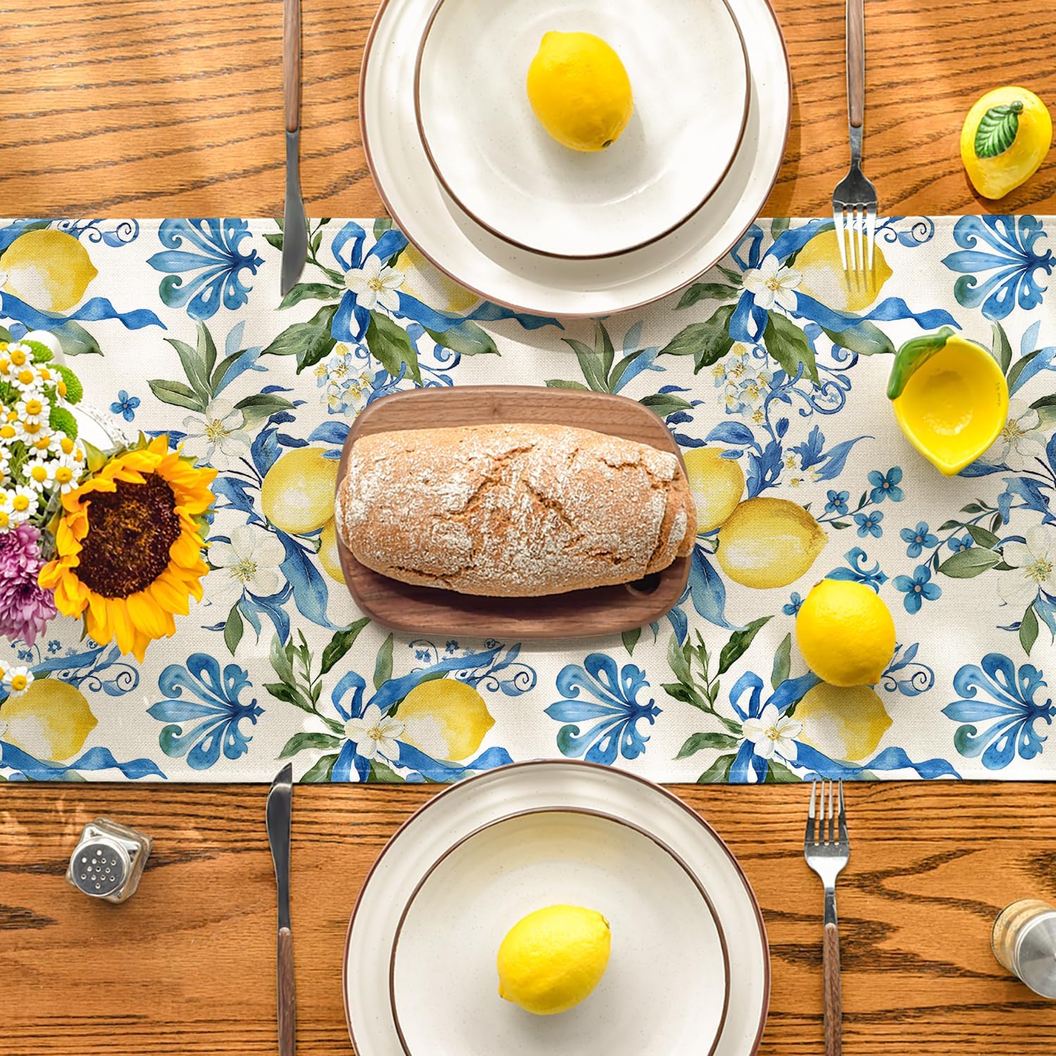 Blue Lemon Iris Summer Table Runner, Seasonal Spring Kitchen Dining Table Decor for Home Party Decor 13x72 Inch - Image 3