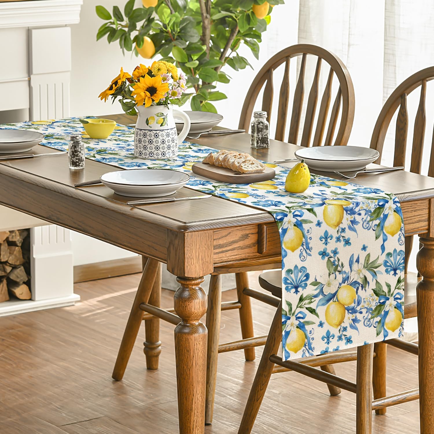 Blue Lemon Iris Summer Table Runner, Seasonal Spring Kitchen Dining Table Decor for Home Party Decor 13x72 Inch - Image 4