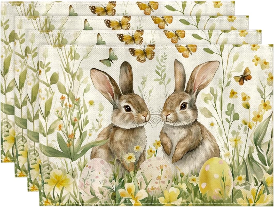 Egg Bunny Rabbit Butterfly Floral Easter Placemats Set of 4, 12x18 Inch Spring Table Mats for Outdoor Home Party Kitchen Dining Decor - Image 1