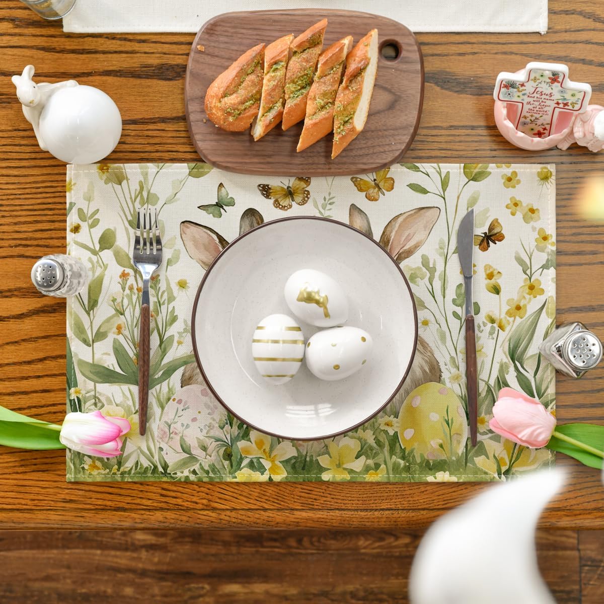 Egg Bunny Rabbit Butterfly Floral Easter Placemats Set of 4, 12x18 Inch Spring Table Mats for Outdoor Home Party Kitchen Dining Decor - Image 2