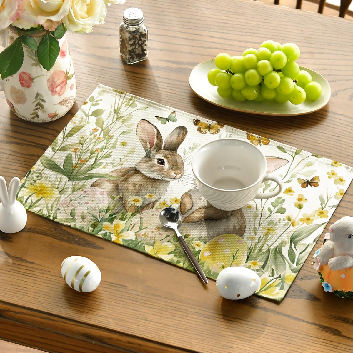 Egg Bunny Rabbit Butterfly Floral Easter Placemats Set of 4, 12x18 Inch Spring Table Mats for Outdoor Home Party Kitchen Dining Decor - Image 3