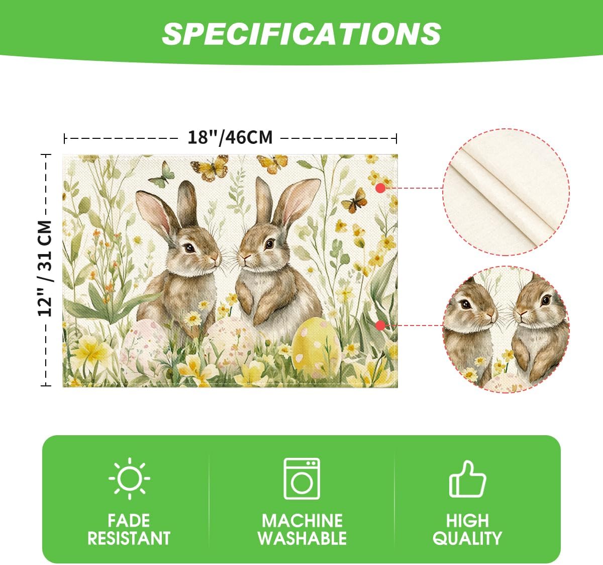Egg Bunny Rabbit Butterfly Floral Easter Placemats Set of 4, 12x18 Inch Spring Table Mats for Outdoor Home Party Kitchen Dining Decor - Image 6