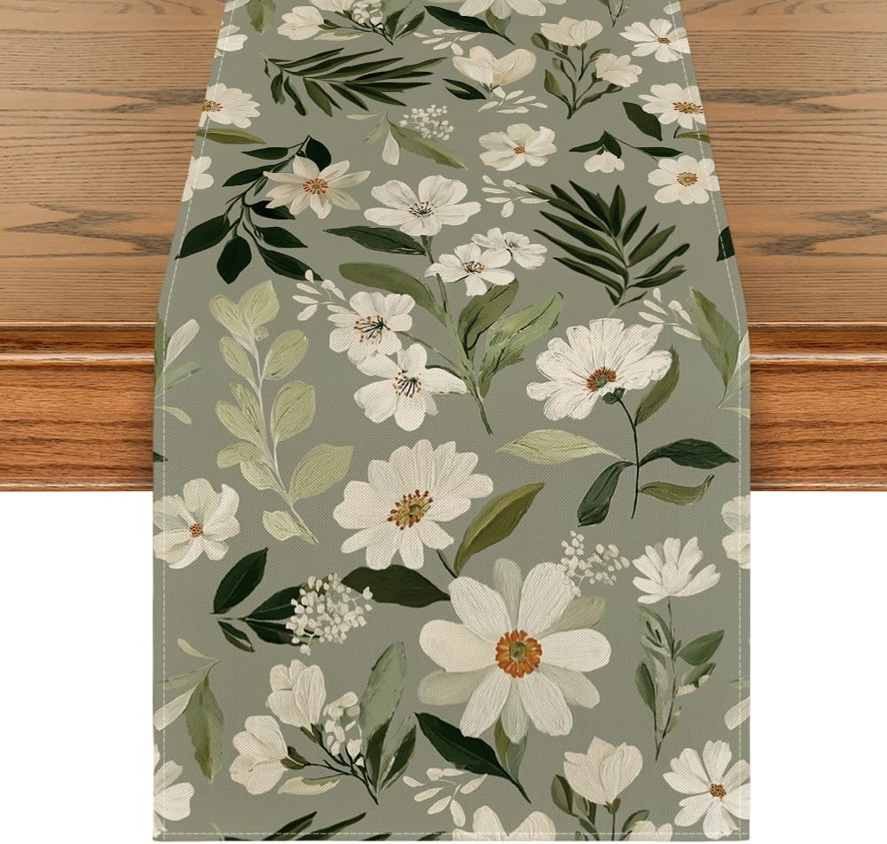 Olive Green Daisy Flowers 210 GSM Spring Table Runner, Seasonal Summer Kitchen Dining Table Decoration for Home Party Decor 13x72 Inch - Image 1
