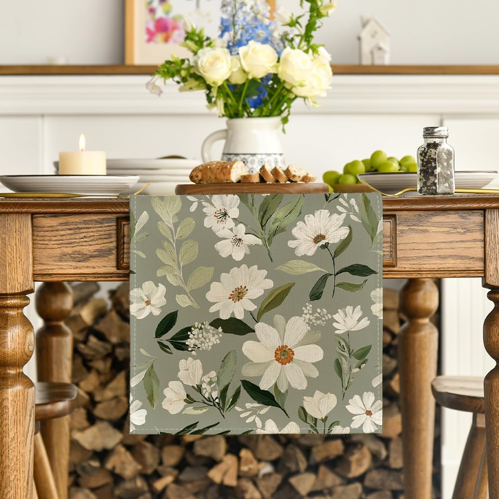 Olive Green Daisy Flowers 210 GSM Spring Table Runner, Seasonal Summer Kitchen Dining Table Decoration for Home Party Decor 13x72 Inch - Image 2