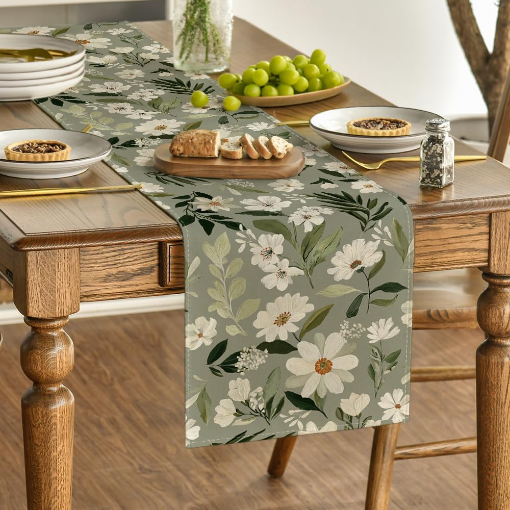 Olive Green Daisy Flowers 210 GSM Spring Table Runner, Seasonal Summer Kitchen Dining Table Decoration for Home Party Decor 13x72 Inch - Image 3