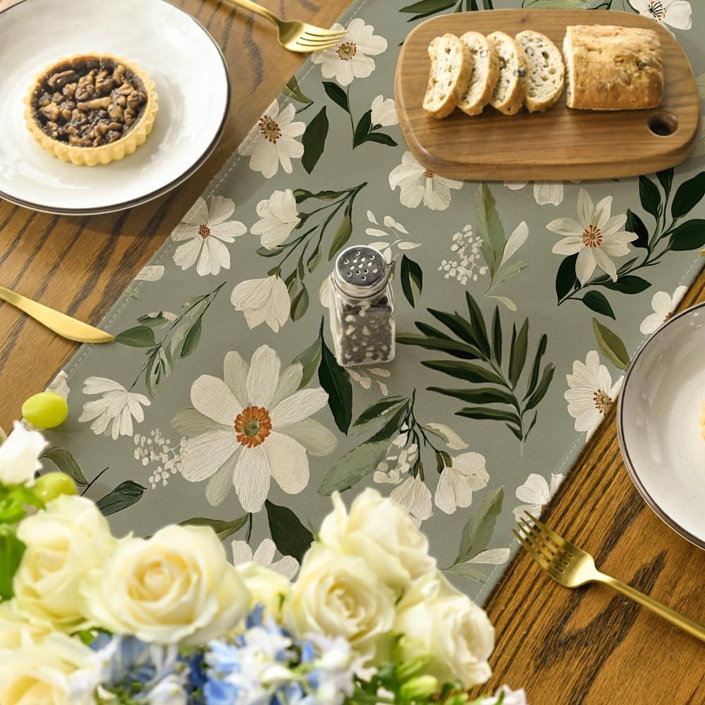 Olive Green Daisy Flowers 210 GSM Spring Table Runner, Seasonal Summer Kitchen Dining Table Decoration for Home Party Decor 13x72 Inch - Image 4