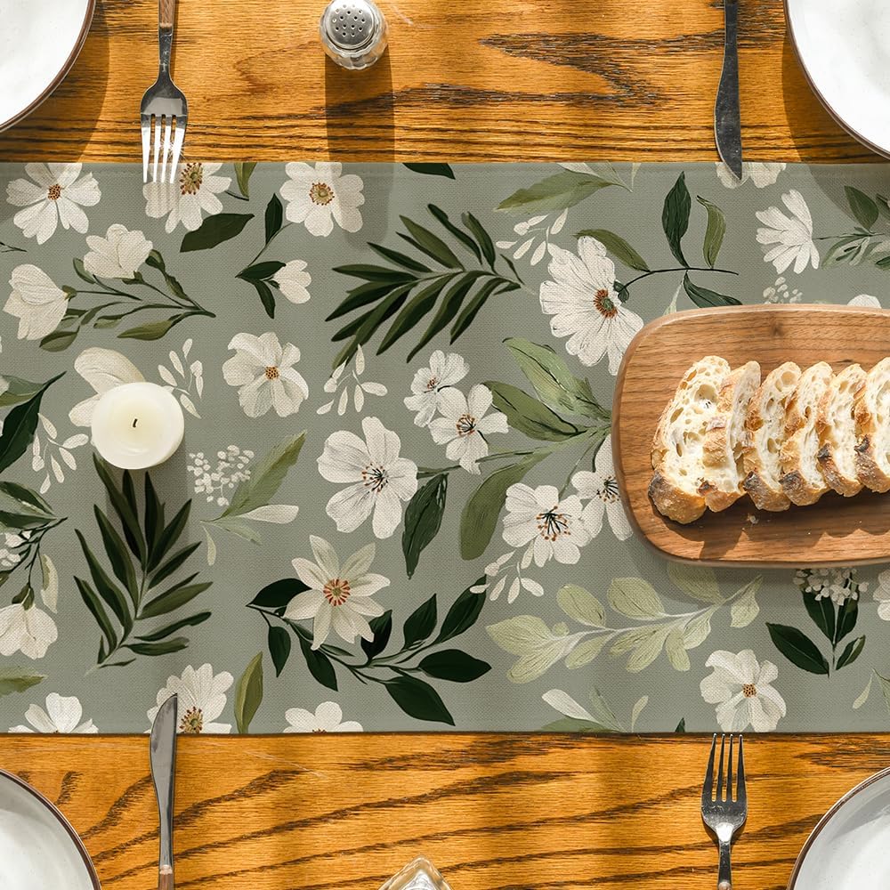 Olive Green Daisy Flowers 210 GSM Spring Table Runner, Seasonal Summer Kitchen Dining Table Decoration for Home Party Decor 13x72 Inch - Image 7