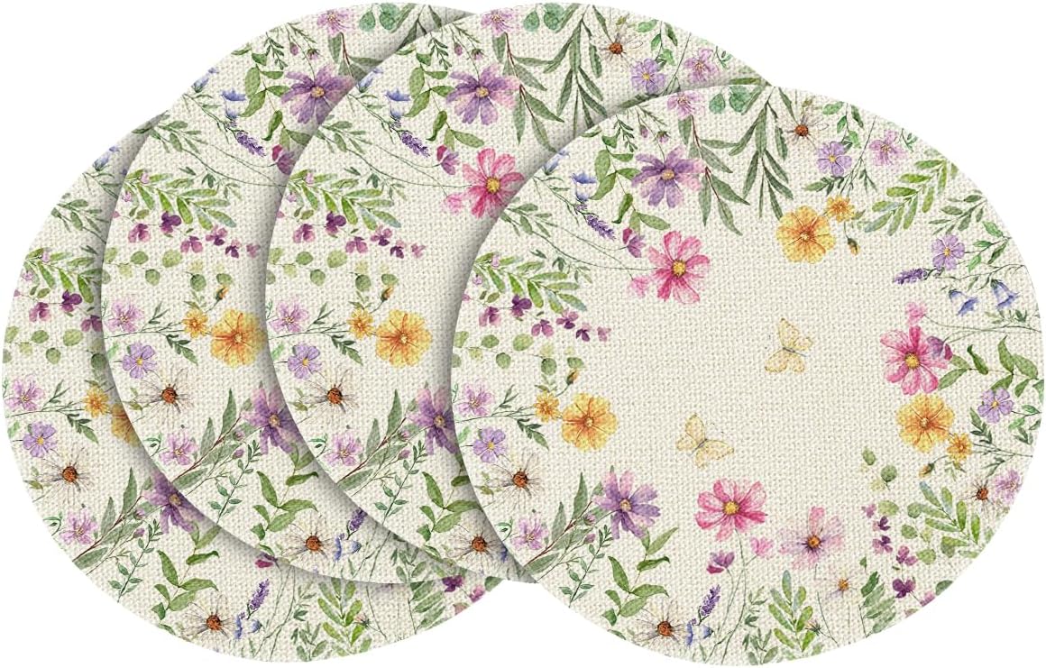 Floral Butterfly Summer Round Placemats Set of 4, 14 Inch Seasonal Spring Placemats for Party Kitchen Dining Summer Decoration - Image 1