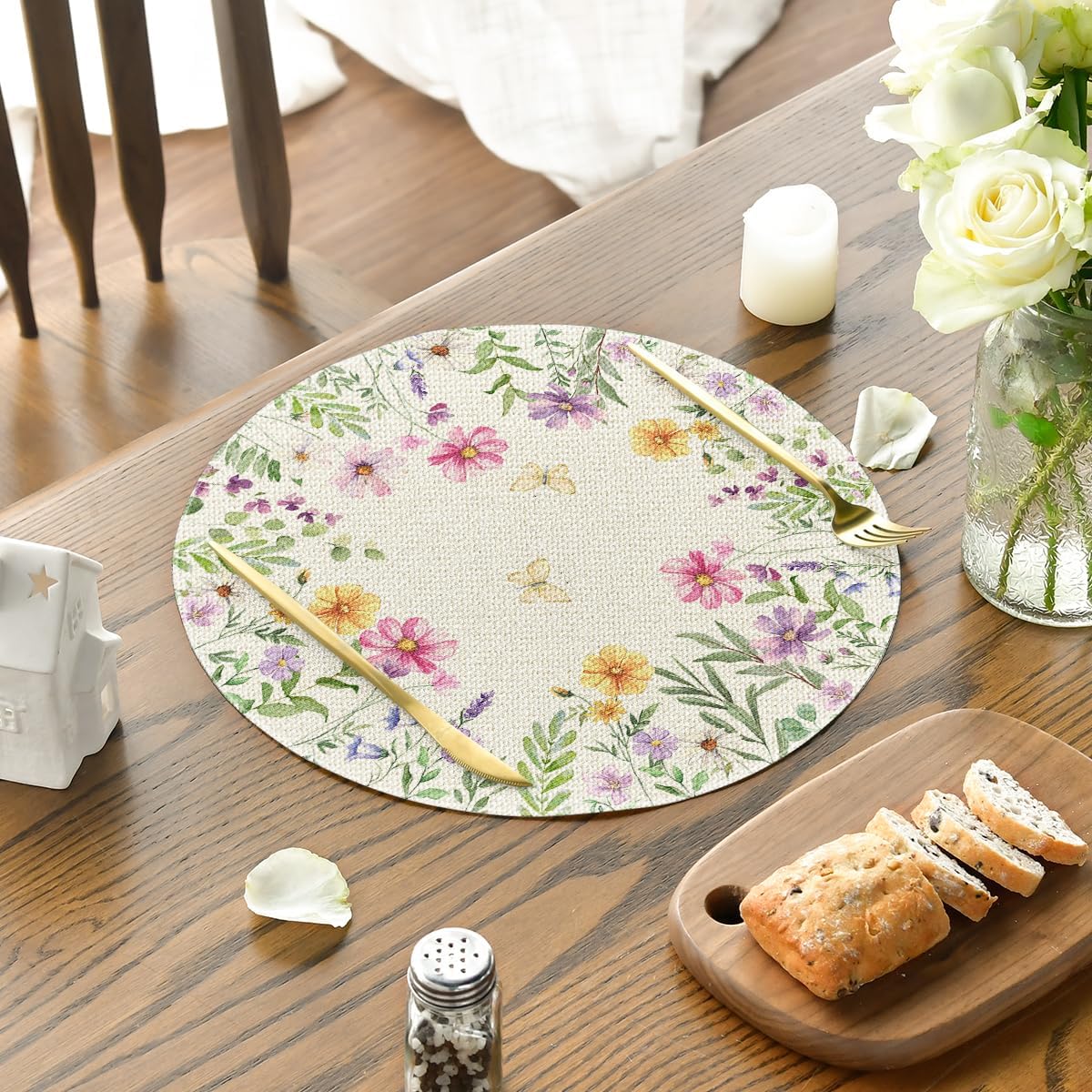 Floral Butterfly Summer Round Placemats Set of 4, 14 Inch Seasonal Spring Placemats for Party Kitchen Dining Summer Decoration - Image 3