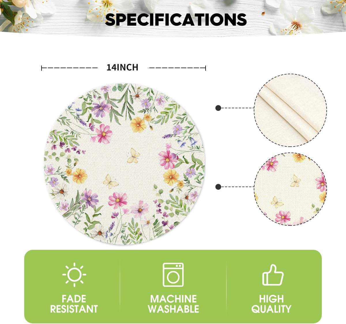 Floral Butterfly Summer Round Placemats Set of 4, 14 Inch Seasonal Spring Placemats for Party Kitchen Dining Summer Decoration - Image 6