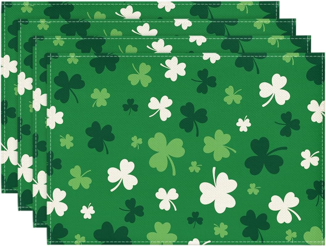 Green Shamrock St. Patrick's Day Placemats Set of 4, 12x18 Inch Seasonal Spring Table Mats for Party Kitchen Dining Decoration - Image 1